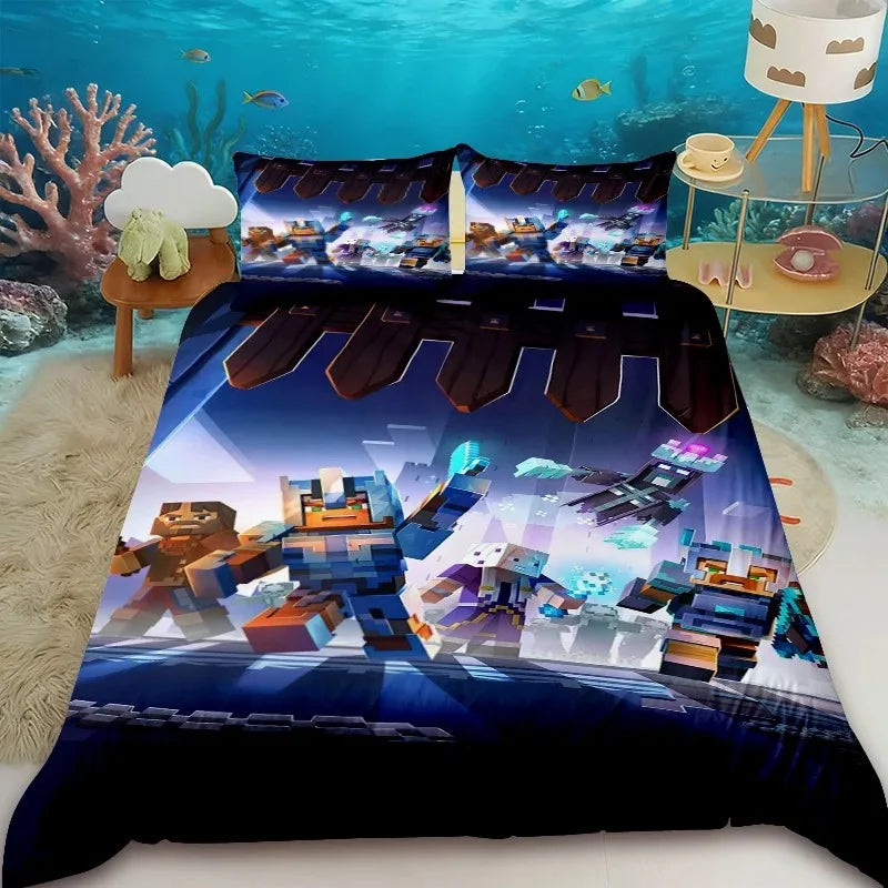 Cartoon Children Duvet Cover Minecraft Cartoon Quilt Cover Bedding Set Queen King Full Size with 1/2 Pillocase Bedroom