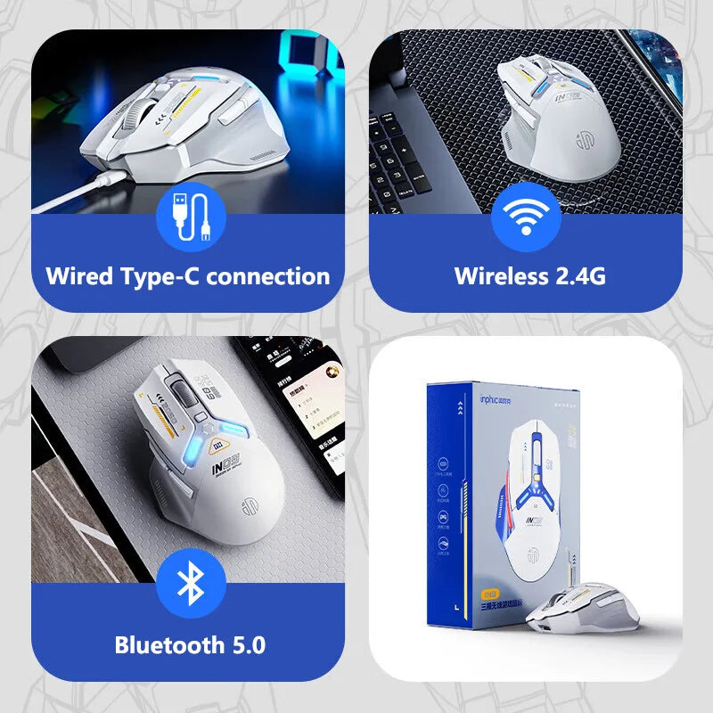 INPHIC IN9 Wireless Gaming Mouse Tri-Mode 2.4G Bluetooth & USB-C Wired, 12000 DPI RGB Programmable Gaming Mouse for PC & Laptop