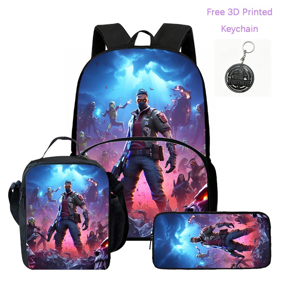 3Pcs FORTNITE Cartoon School Set Lightweight Backpack Front Pocket Lunch & Pencil Case For Kids Age 5-9 Free 3D Printed Keychain