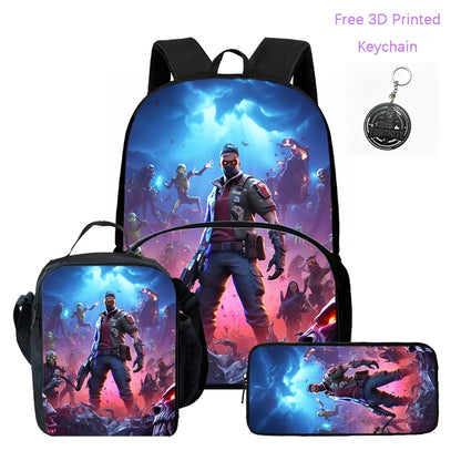 3Pcs FORTNITE Cartoon School Set Lightweight Backpack Front Pocket Lunch & Pencil Case For Kids Age 5-9 Free 3D Printed Keychain