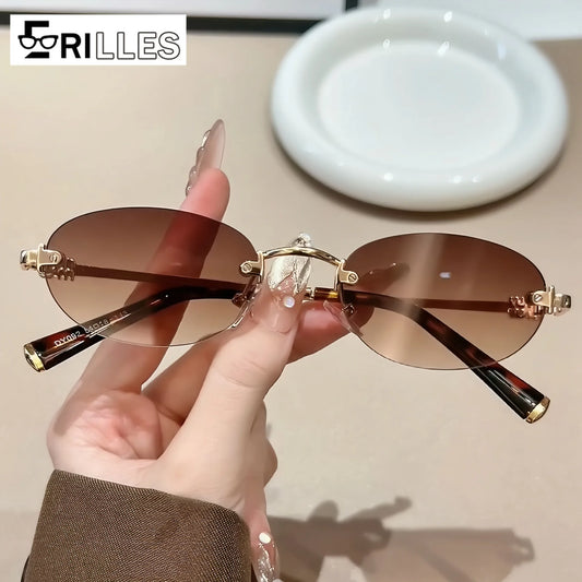 Frameless Ellipse Sunglasses, UV400 Protection Lightweight Design, Fashionable for Daily Wear & Outdoor