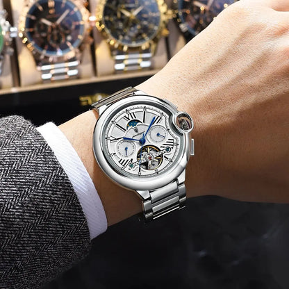 POEDAGAR Luxury Male Watch Tourbillon Date Week Stainless Steel Men Watch Waterproof Automatic Mechanical Military Men's Watches