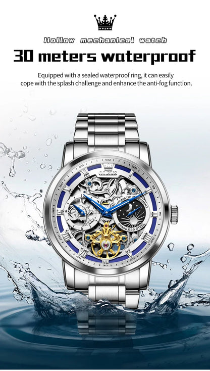 OLEVS 6670 Mens Watch Luxury Brand Skeleton Mechanical Watch Moon Phase Stainless Steel Watches For Man Gifts Box High Quality