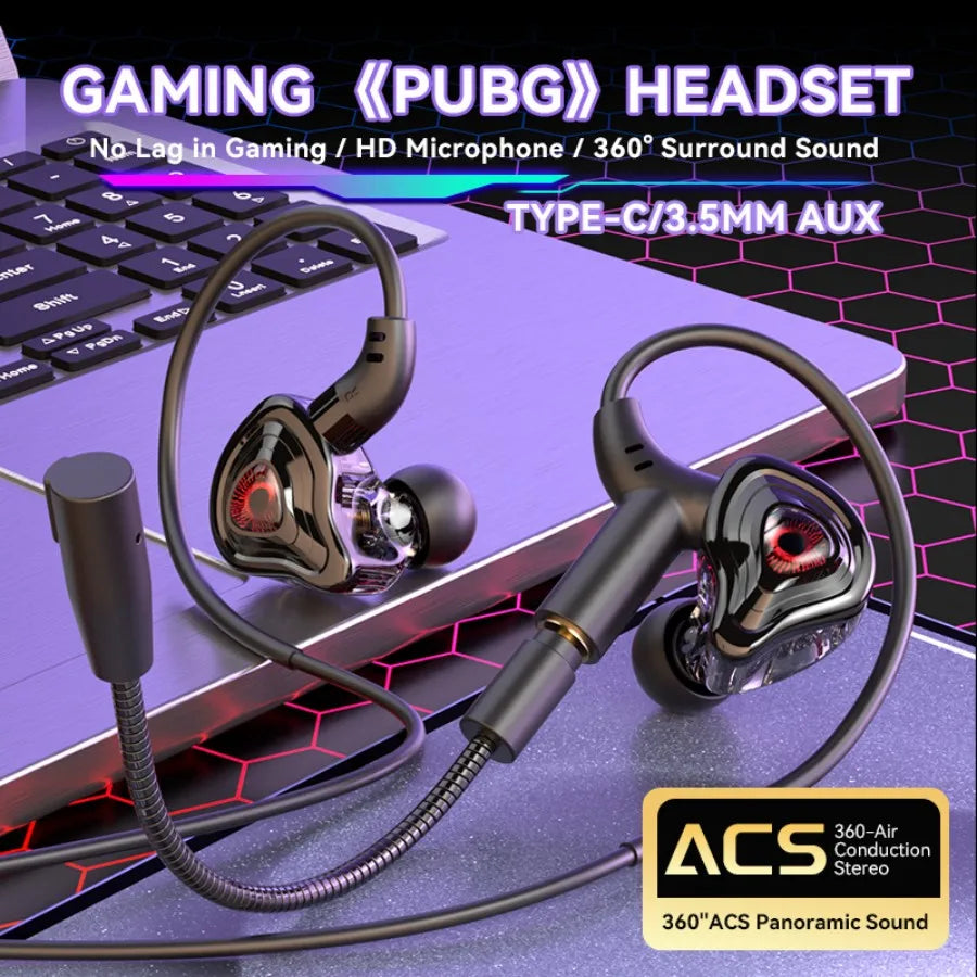 3.5mm/Type-C/USB E-sports Gaming Headset 360° Surround Sound, HiFi Stereo Wired Headphone in-ear dual Mic, PUBG Gaming Earphone