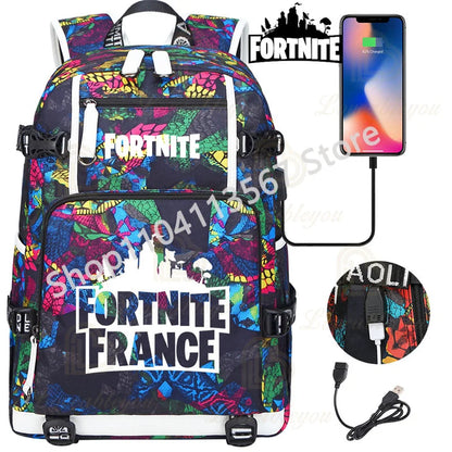 Mochila Yule Trooper F-Fortnited Battle Royale com carregamento USB, figuras anime e compartimento para material escolar para estudantes