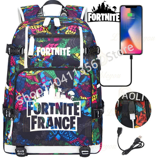 Mochila Yule Trooper F-Fortnited Battle Royale com carregamento USB, figuras anime e compartimento para material escolar para estudantes