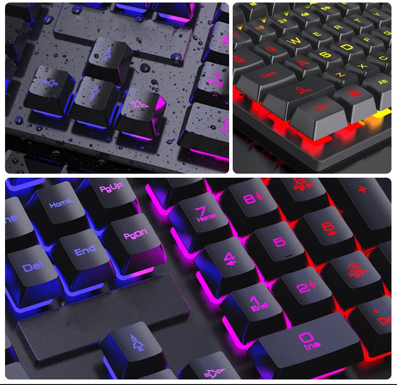 Conjunto de teclado com fios de 104 teclas com retroiluminação RGB e efeito de respiração, teclado gaming ergonómico e rato para computador, portátil, gamer e escritório