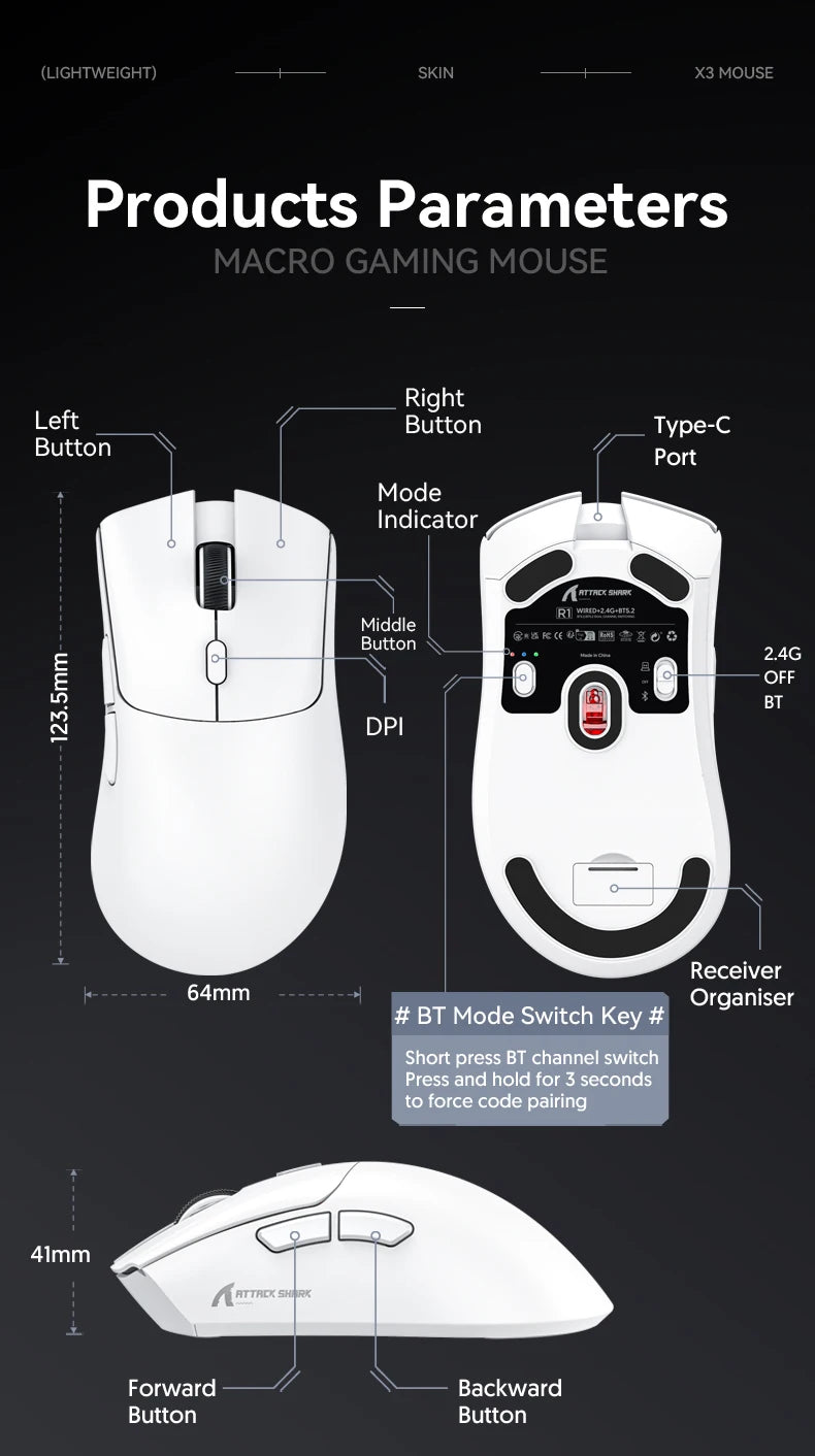 Attack Shark R1/X11 Tri-Mode Wireless Gaming Mouse, 18,000 DPI PAW3311 Bluetooth, 2.4GHz & Wired Lightweight Programmable Gaming Mouse for PC & Laptop