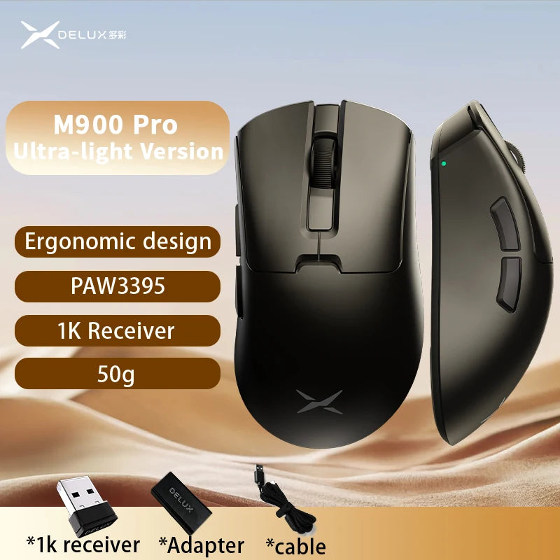 Rato Gaming Sem Fios Delux M900PRO Versão Ultraleve Ergonómico 1K/8K Polling Rate 50g PAW3395 para Destro com Mão Grande PC Gamer