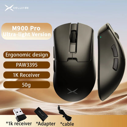 Rato Gaming Sem Fios Delux M900PRO Versão Ultraleve Ergonómico 1K/8K Polling Rate 50g PAW3395 para Destro com Mão Grande PC Gamer