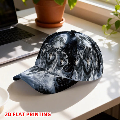Classic Baseball Cap Featuring a 2D Flat Print of Wolves Under a Full Moon a Lightweight Adjustable Duckbill Hat