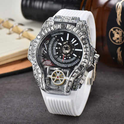 Full diamond Case Business Luxury Top Mens Watches Rubber Strap Color Creative Decorative Quartz Watch Men AAA Clocks Relogio