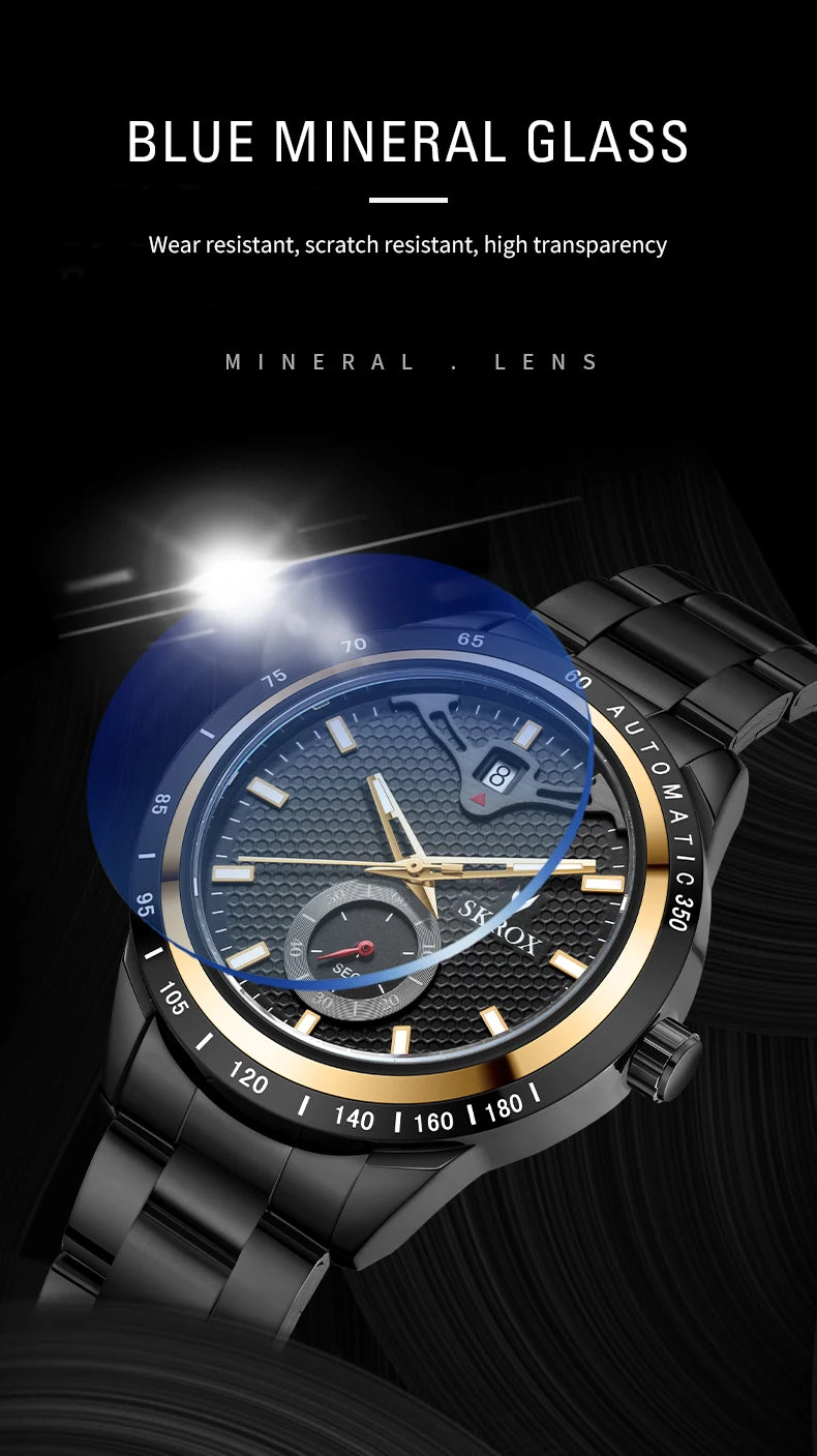 SKROX Luxury Sapphire Stainless Steel Automatic Movement Mechanical Clockwork Man Watch Military Waterproof Men's Wrist Watches