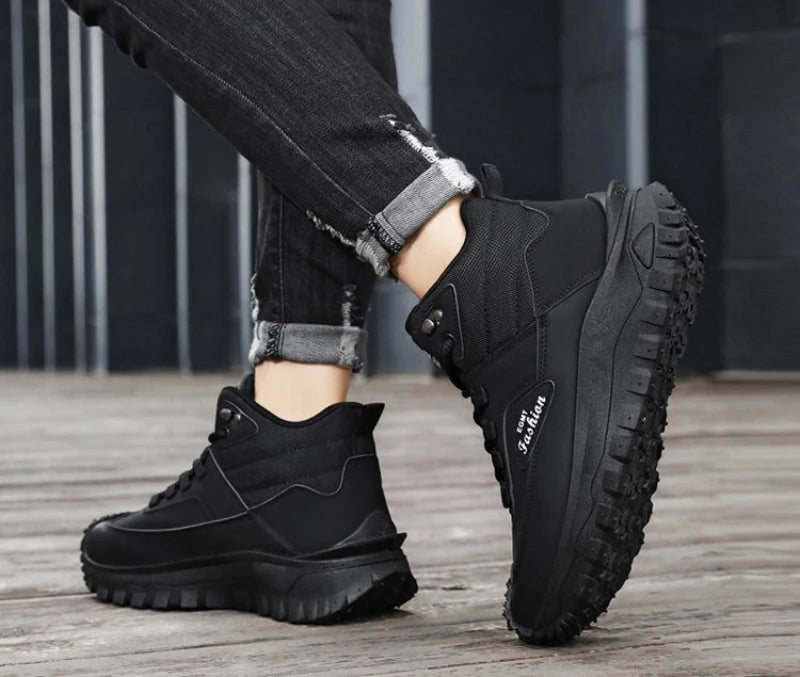 Men'S Black And White Mid Top Hiking Boots Waterproof Leather Platform Sneakers Non Slip Outdoor Casual Shoes With Rugged Sole