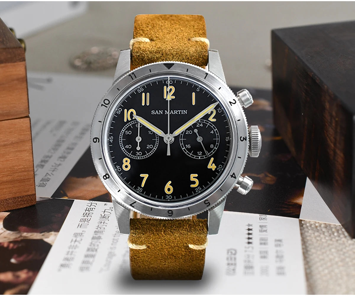 San Martin Vintage Men Quartz Watch Pilot VK64 Chronograph Watches Waterproof Luminous Quick Release Leather Strap SN0127