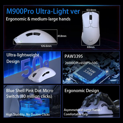 Rato Gaming Sem Fios Delux M900PRO Versão Ultraleve Ergonómico 1K/8K Polling Rate 50g PAW3395 para Destro com Mão Grande PC Gamer