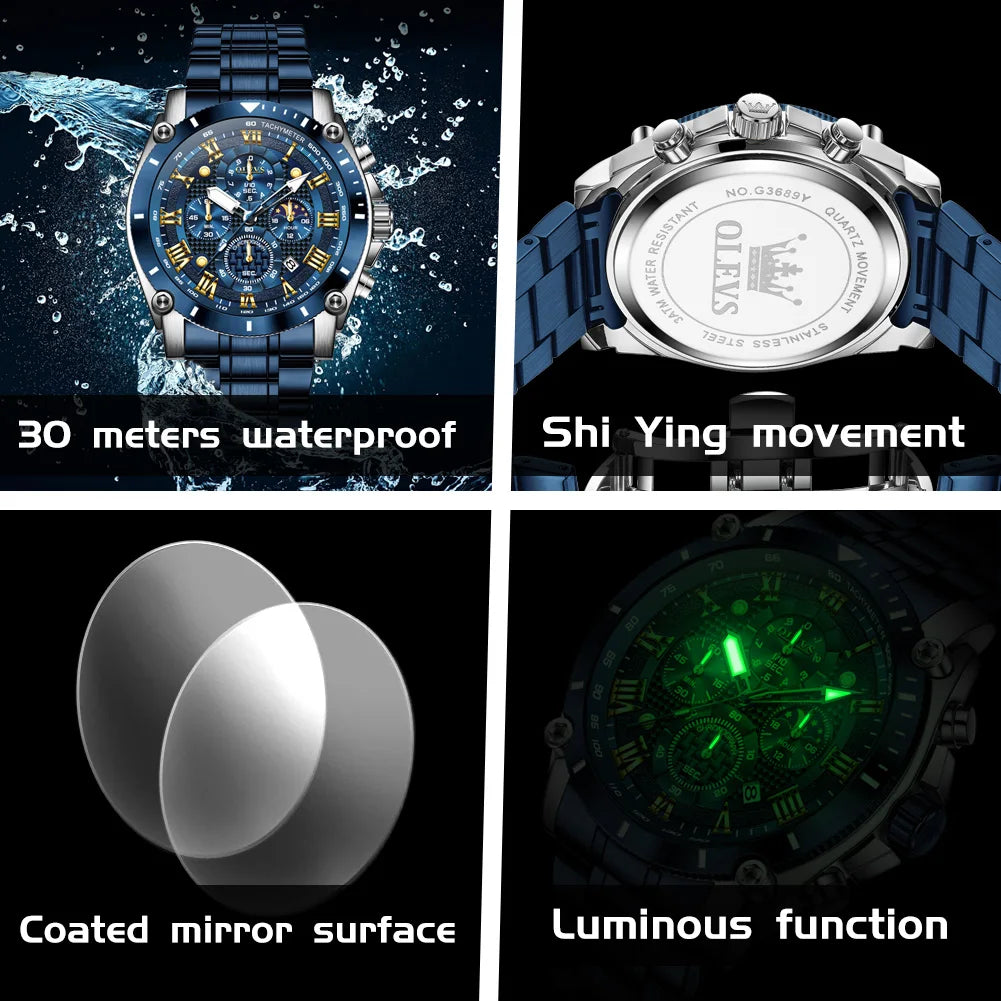 OLEVS 2025 New Men Watch Top Brand Luxury Watch Men Stainless Steel Waterproof Sport Quartz Chronograph Wrist Watch Man Relogio