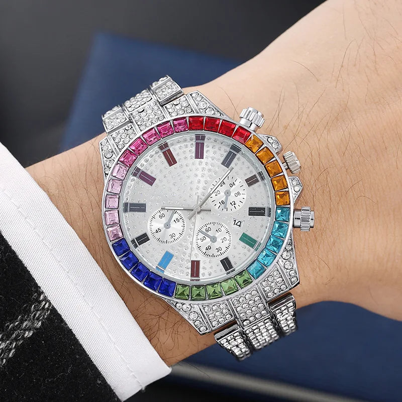UTHAI BK114 Fashionable Man Watch, Colored Diamond Calendar, Inlaid Diamond Quartz Watch, Luxury Clock Gift Watches for Man