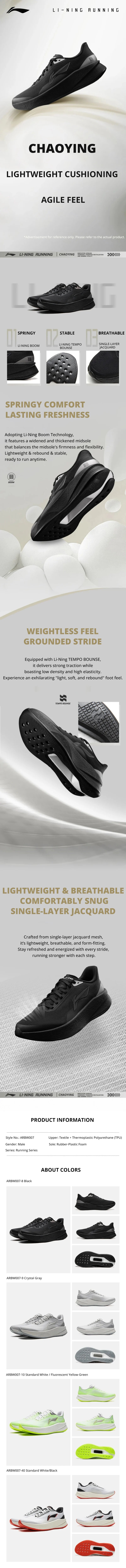 Li-Ning Men's CHAOYING Cushion Running Shoes BOOM Lightweight Springy TEMPO BOUNSE Soft LiNing Comfortable Sneakers ARBW007