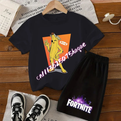 Conjunto de T-shirt e calções Fortnite Series para criança, top e calças inspirados em jogo popular, outfit de verão para casa, confortável e adorável, presente de aniversário