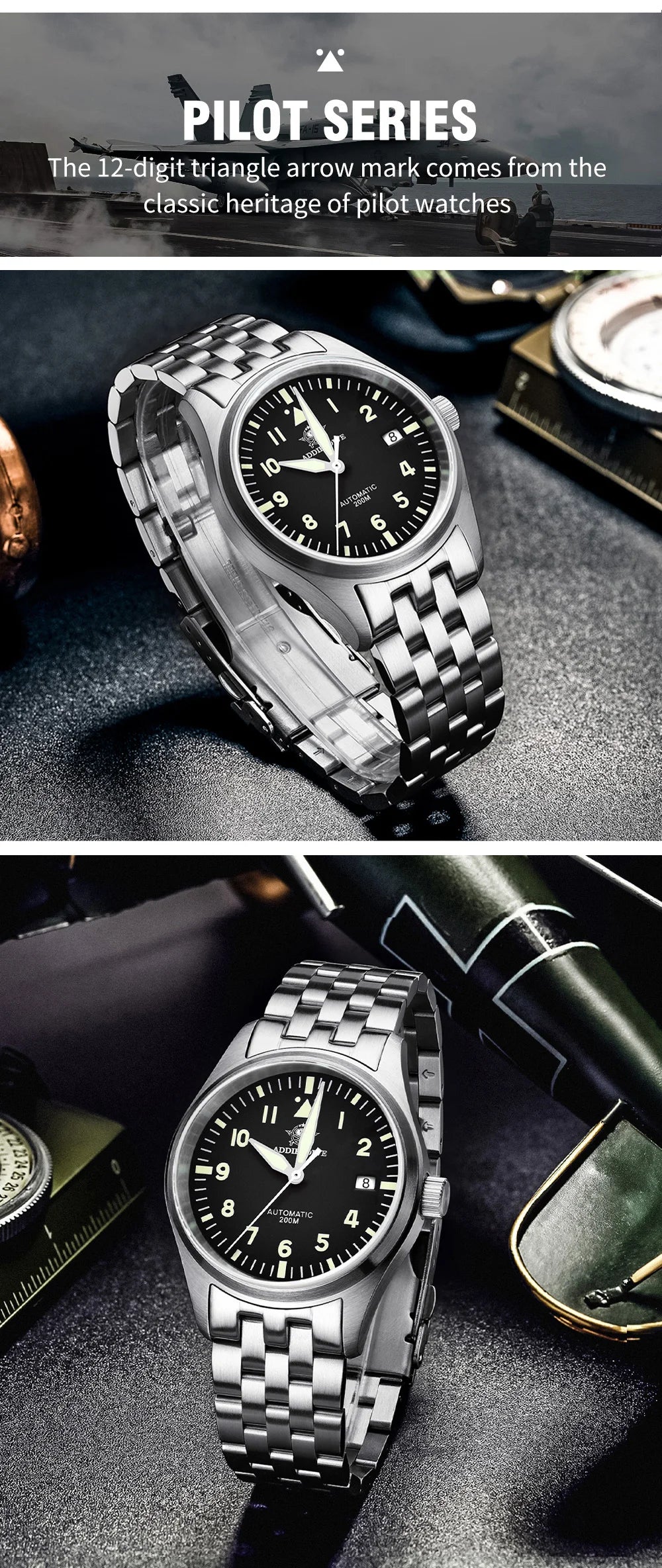 ADDIESDIVE Classic Men's Automatic Mechanical Watch 200m Water Resistant C3 Luminous 316L Stainless Steel Vintage Watch AD2519