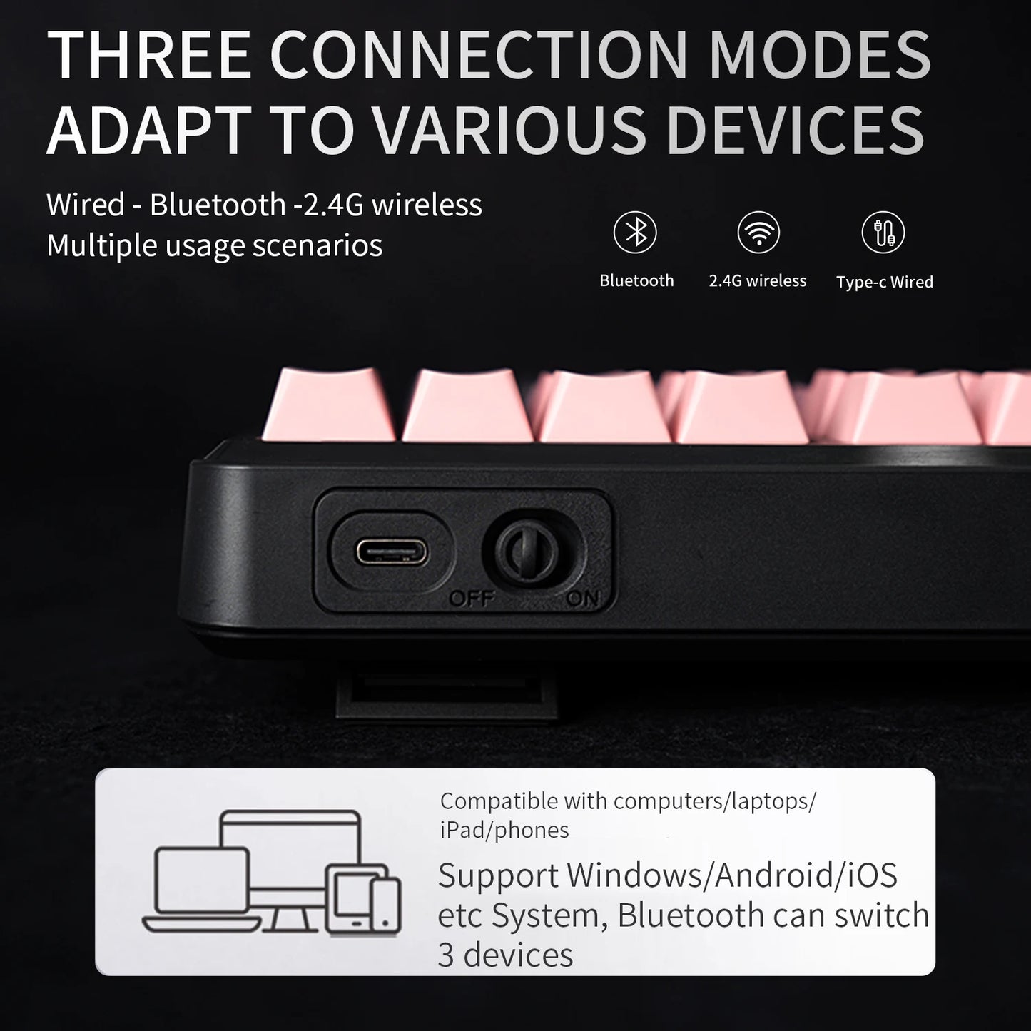 V108 Pro Bluetooth Keyboard Office Low Noise 2.4G Wired & Wireless Full Layout with RGB Backlit Membrane