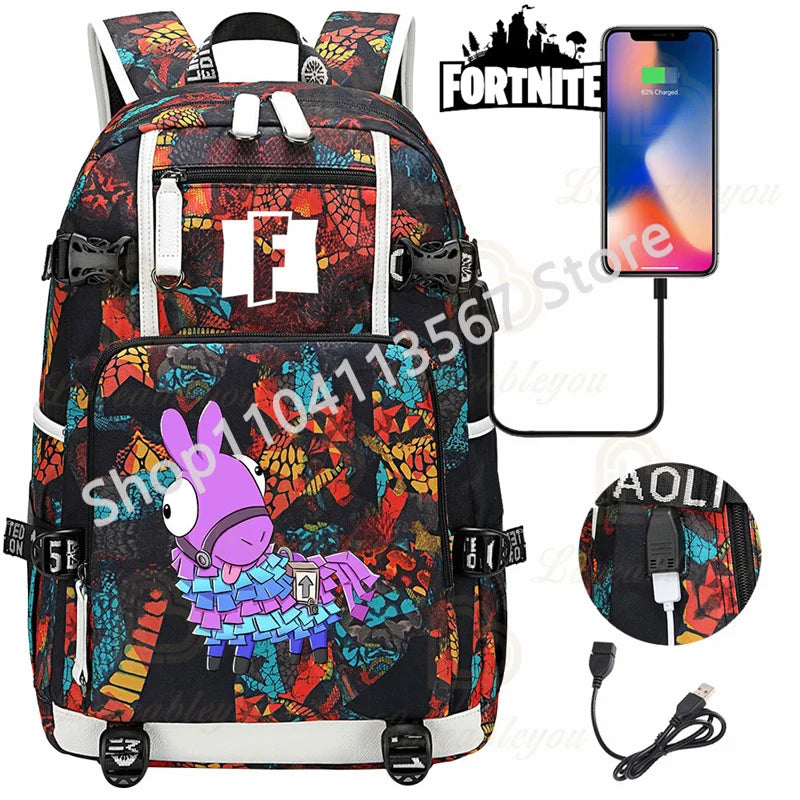 Mochila Red Jade F-Fortnited Battle Royale com carregamento USB, figuras anime e compartimento para material escolar para estudantes