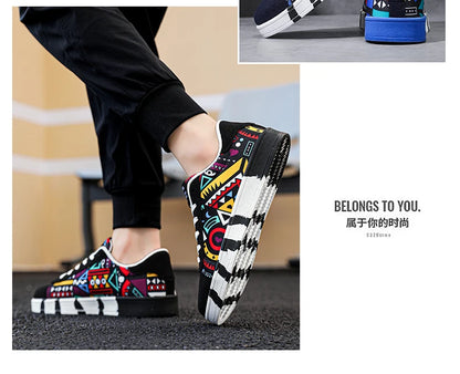 YRZL Sapatilhas de corrida desportivas para homem em lona, estilo geométrico, com atacadores, sapatilhas de casal com estampado graffiti moderno, sapatos de skate para homem