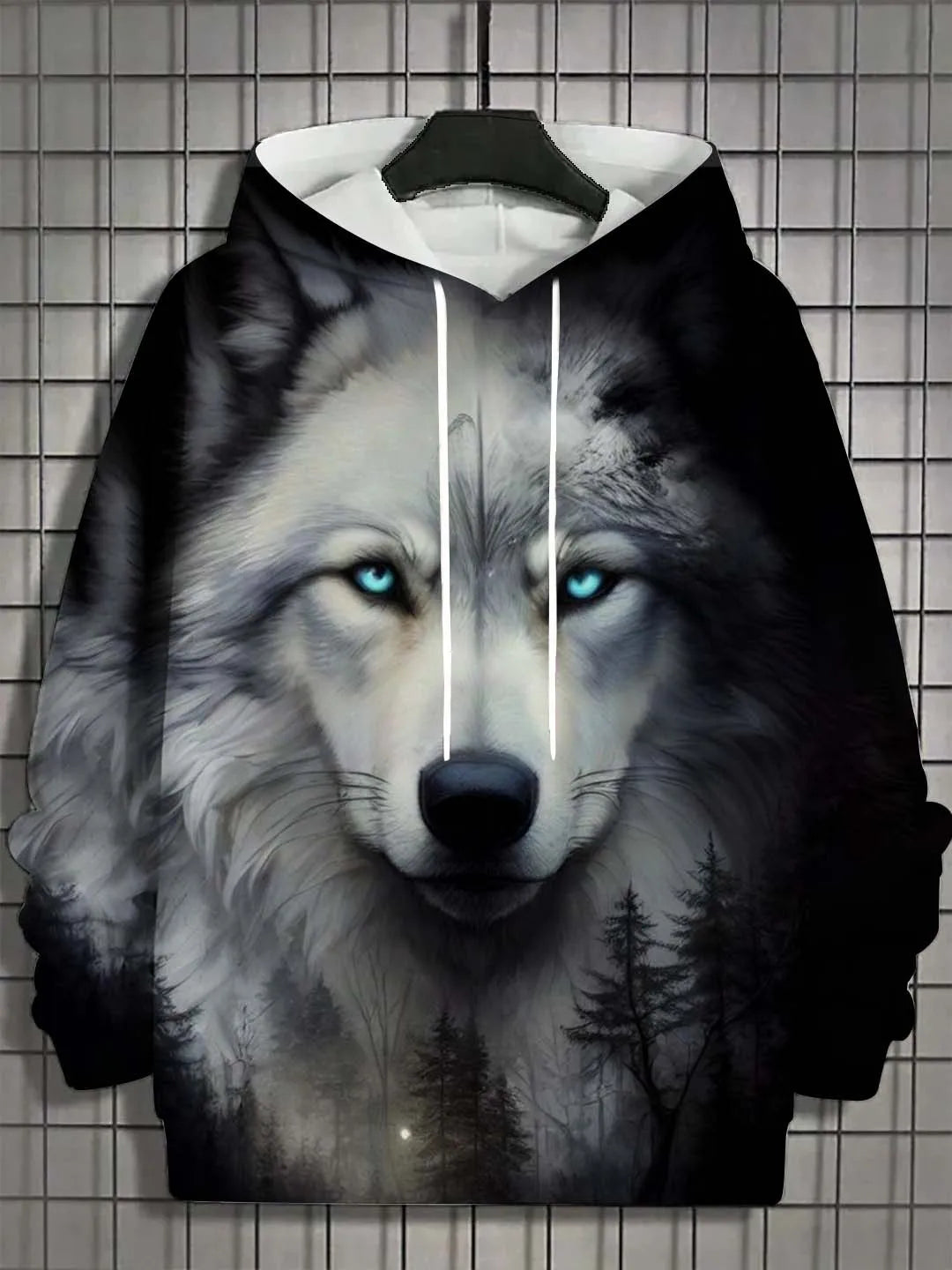 Camisola desportiva com capuz para homem, moda outono 2025, macia e confortável, com estampado de lobo, para exterior e estilo urbano