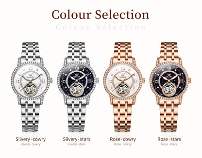 OLEVS Brand Fashion Women Mechanical Watches Starry Sky Dial Diamond Automatic Wristwatch Ladies Waterproof Luminous Clock Women