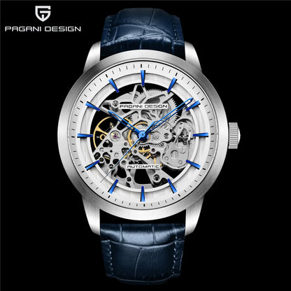 PAGANI DESIGN Új, csontvázszerkezetű férfi mechanikus karórák – csúcsminőségű luxus automata karórák férfiaknak, kék bőr szíjjal, vízálló karóra férfiaknak