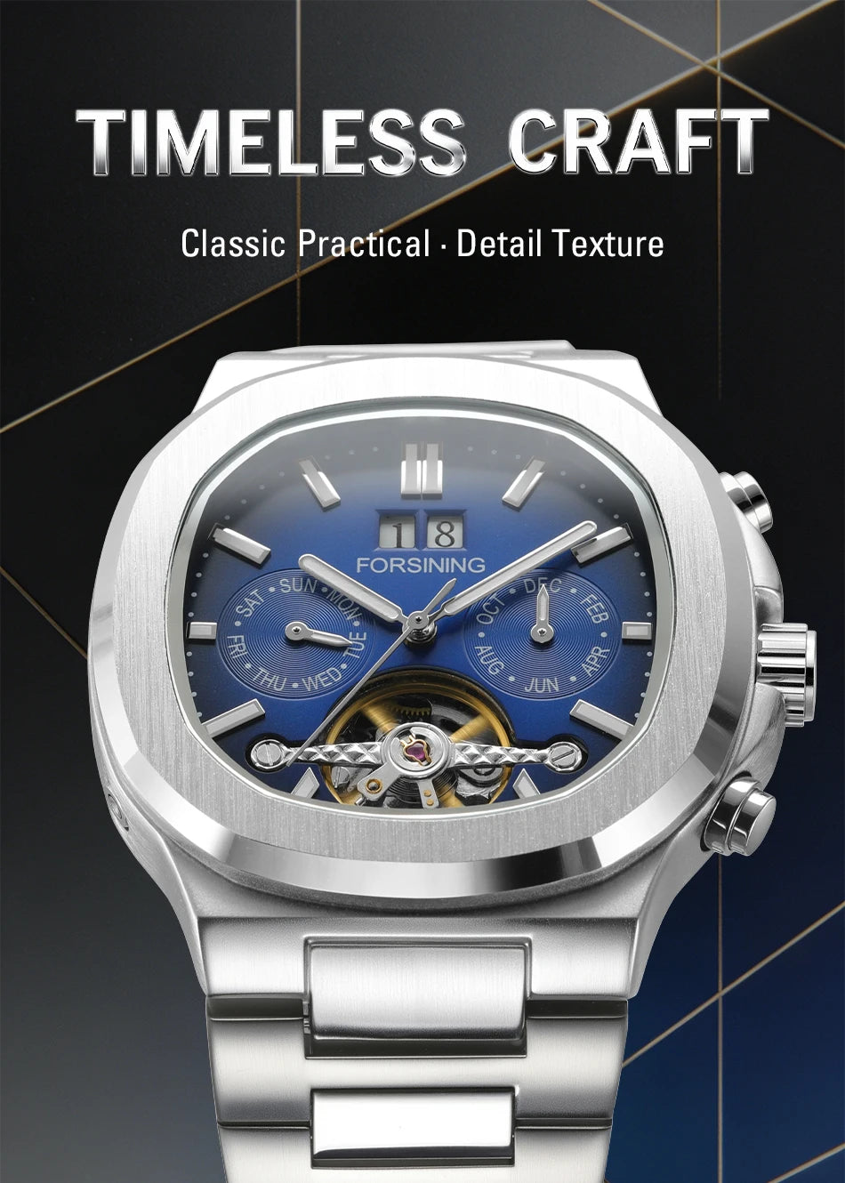 Forsining 481 Military Man Tourbillon Hands Watch Week Date Automatic Mechanical Watches Stainless Steel Clock Relogio Masculino