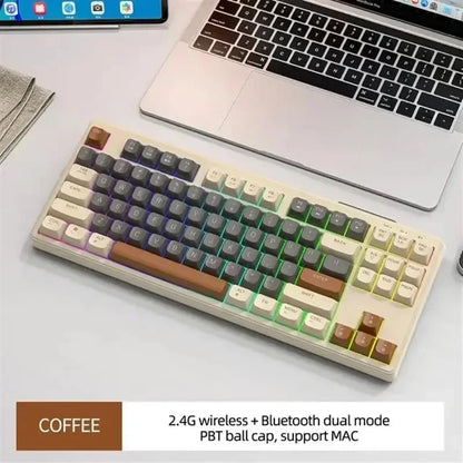 Teclado M87 Sem Fios Bluetooth de Modo Duplo, Sensação Mecânica para Gaming e Escritório, Silencioso, Teclas PBT Ball Cap, Luz Arco-Íris