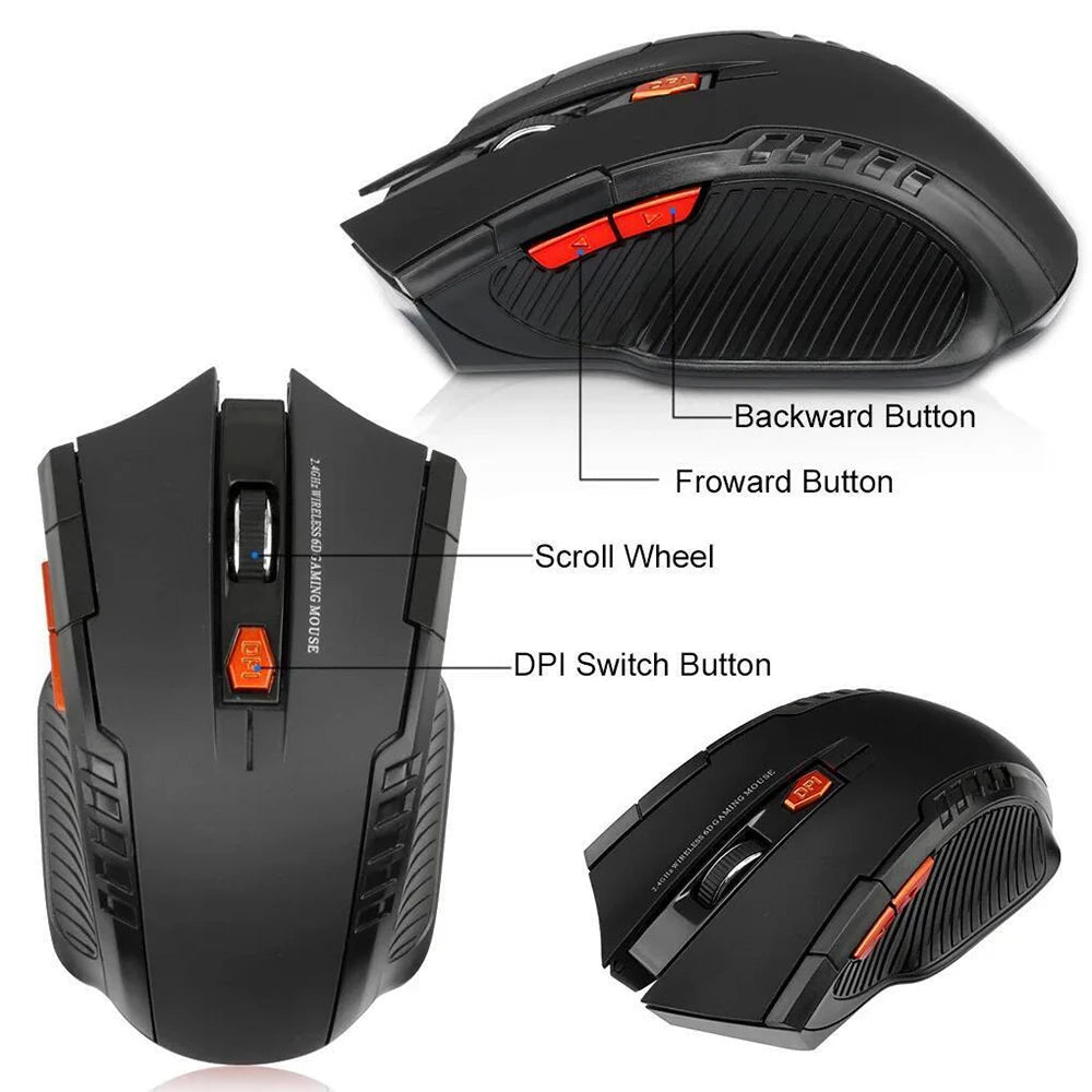 Mini rato sem fios 2.4G com recetor USB, 1600DPI, rato ótico sem fios profissional, scroll direito USB para portátil e PC gamer