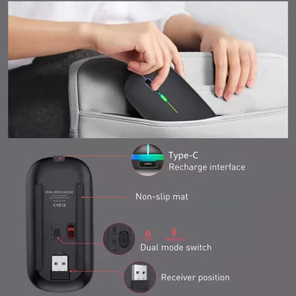 Rato sem fios recarregável de modo duplo, compatível com Bluetooth, 2.4G USB, para computador portátil, iPad, tablet e notebook, rato gaming