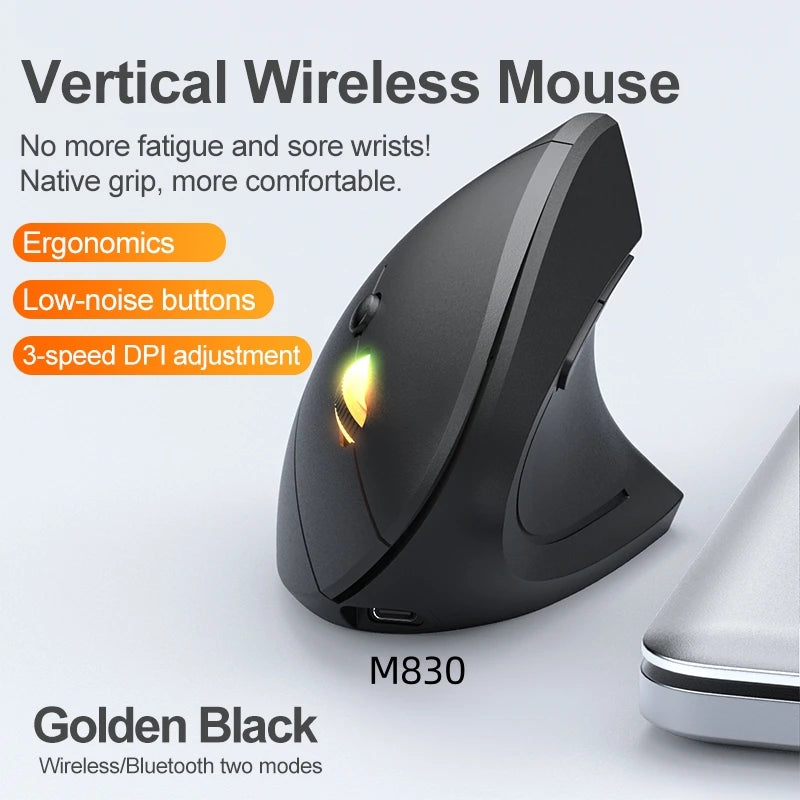 Rato Vertical Sem Fios Bluetooth 2.4G Recarregável Ergonómico 1600DPI Ajustável Gaming 6 Botões para Portátil PC Computador