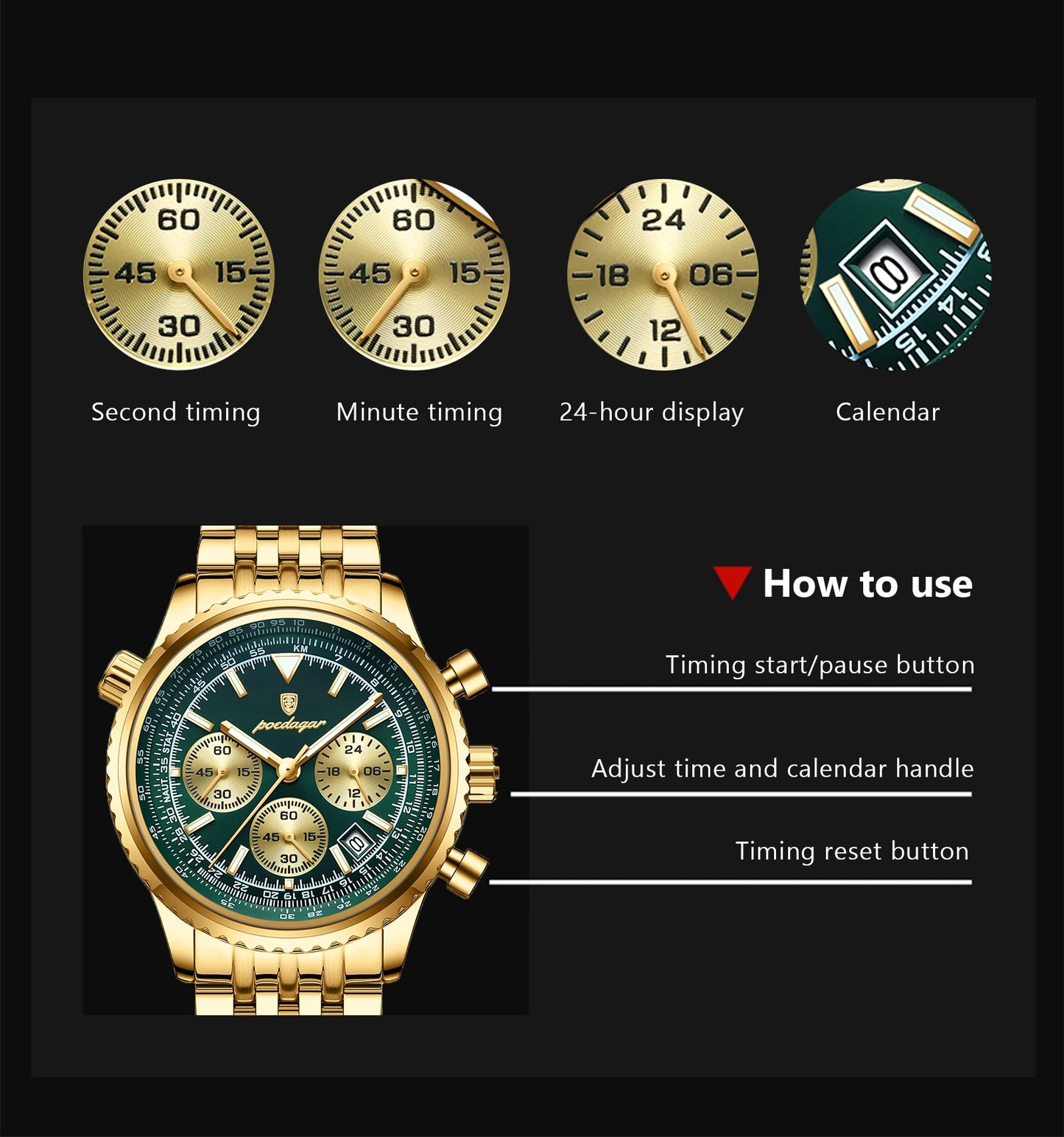 POEDAGAR Trendy Man Watch Chronograph Date Waterproof Luminous Men's Watches Stainless Steel Quartz Sports Luxury Man Wristwatch