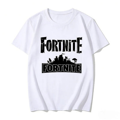 T-shirt infantil branco de algodão com estampado cartoon do tema Fortnite, manga curta, verão, jogo popular
