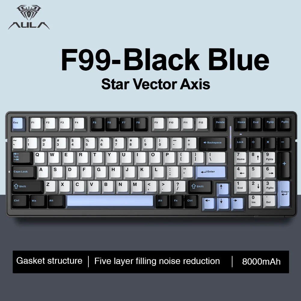 Teclado mecânico AULA F99 Bluetooth 5.0/2.4G sem fios/com fios, teclado gaming com montagem gasket, 99 teclas, personalizável