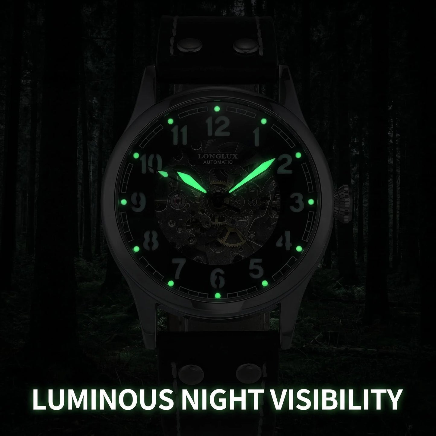 LONGLUX men automatic watch vintage pilot tough guy mechanical watches skeleton waterproof luminous leather gift