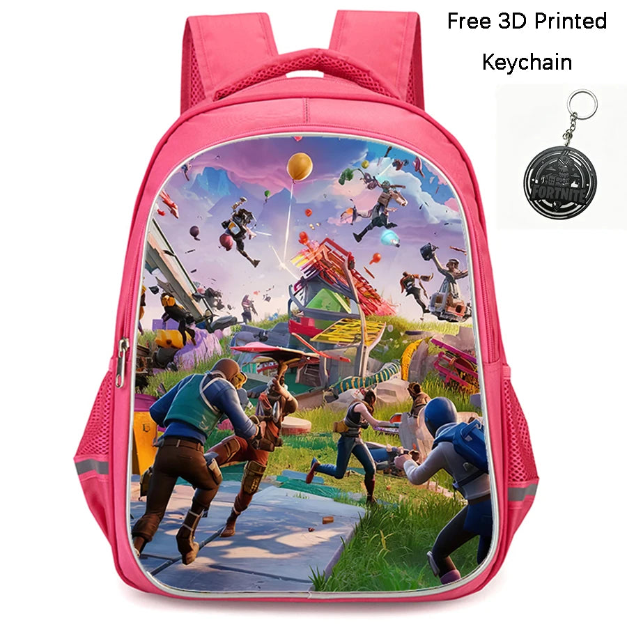 FORTNITE 16-inch Durable Lightweight Backpack, Dual Zipper Pockets, Cartoon Style for Boys & Girls 6-10,Free 3D Printed Keychain
