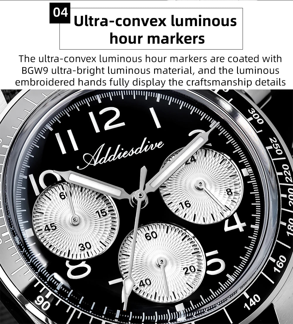 ADDIESDVIE Men Watch Reloj Hombre 10Bar Waterproof AD2517 BGW9 Super Luminous 316L Stainless Steel VK63 Chronograph Quartz Watch