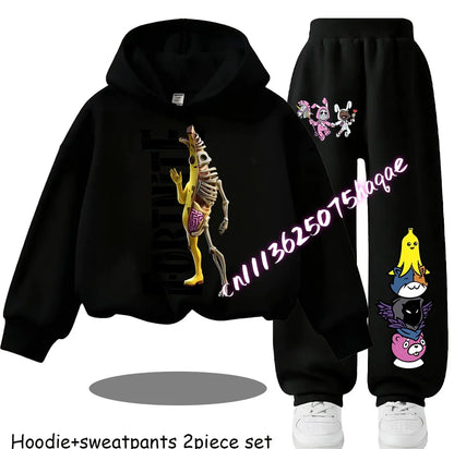 Sweats com Capuz Infantis Estampadas Fortnite, Conjunto Cartoon Confortável de 2 Peças, Tops Largos de Manga Comprida com Calças, Roupa de Outono/Inverno, Presente