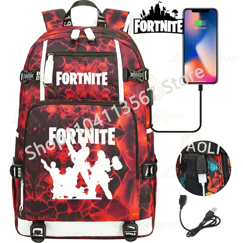 Mochila Yule Trooper F-Fortnited Battle Royale com carregamento USB, figuras anime e compartimento para material escolar para estudantes