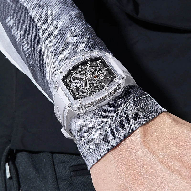 BONEST GATTI Automatic Watch Tonneau Mechanical Wristwatch K9 Crystal Case Rubber Strap Multi Dial Watches For Men