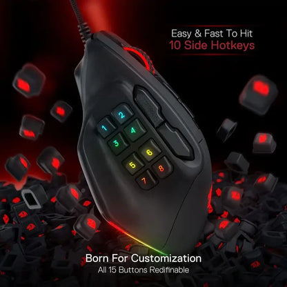 Rato Gaming MMO Redragon M811 Aatrox, rato gamer RGB com fios e 15 botões programáveis, com construção ergonómica para uma pega natural