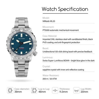 Militado ML20 39mm Men Watch PT5000 Automatic Movement Sapphire Luminova Watches Stainless Steel 200m Waterproof Wristwatch
