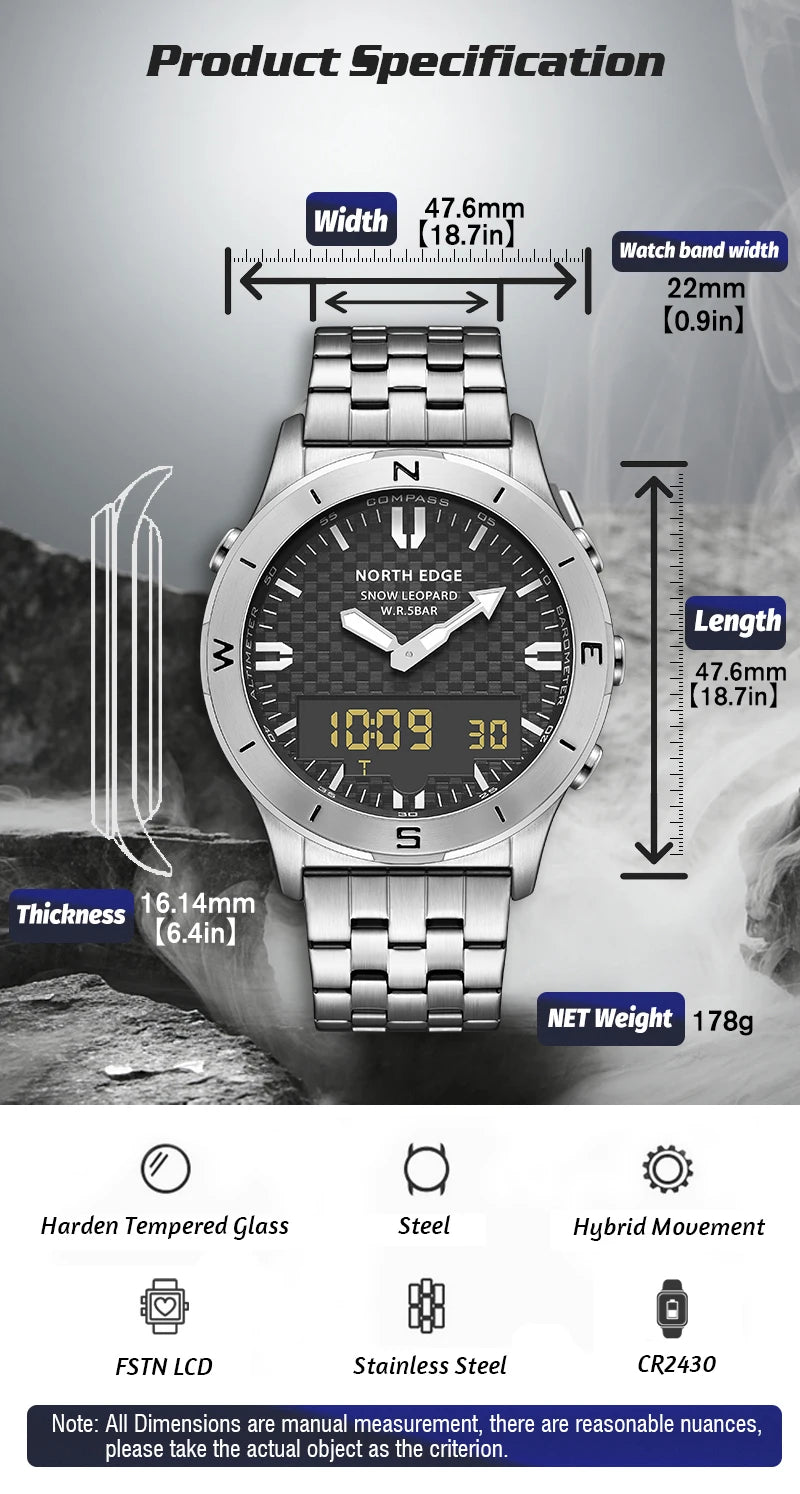 Relógio digital desportivo NORTH EDGE para homem, relógio de luxo empresarial para homem, impermeável 50M, altímetro, barómetro, bússola e mostrador luminoso