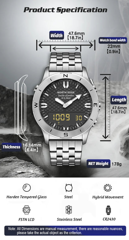 Relógio digital desportivo NORTH EDGE para homem, relógio de luxo empresarial para homem, impermeável 50M, altímetro, barómetro, bússola e mostrador luminoso
