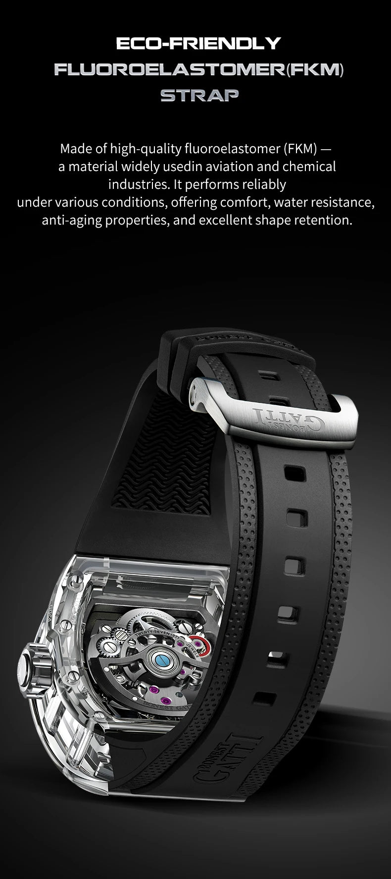 BONEST GATTI Automatic Movement Tourbillon Mechanical Wristwatch Crystal Case Luminous Watch Fluororubber Strap Watches for Men